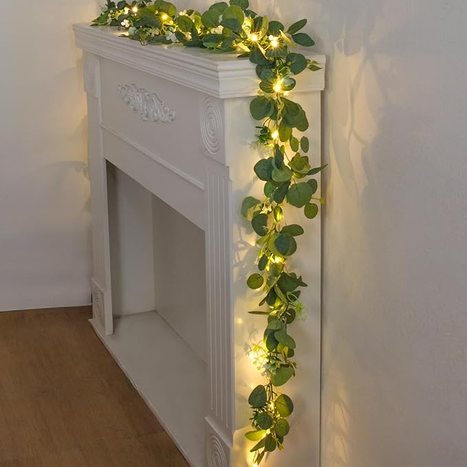 N&T NIETING 2 Pack Artificial Eucalyptus Garland with Lights, 6FT Artificial Greenery Garlands, Battery Operated Twig Vine for Room Stairs Mantle Wedding Holiday Mothers Day Decoration Indoor Outdoor