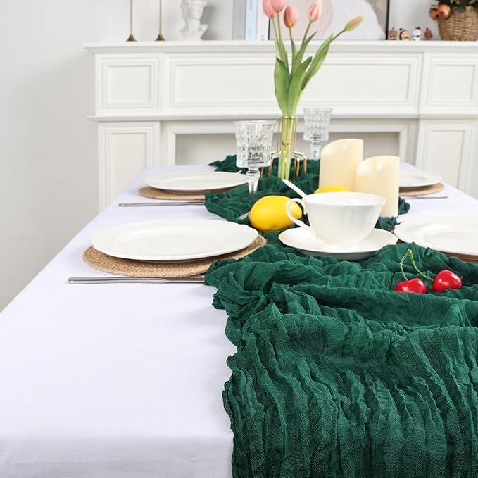 16 Pack Emerald Green Cheesecloth Table Runner 10ft Boho Gauze Fabric 120 Inch Cheese Cloth Table Runner Rustic Sheer for Holiday Baby Shower Party Décor Home Wedding Decoration