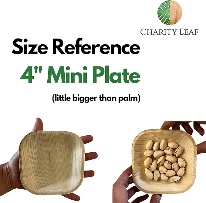 Charity Leaf Disposable Palm Leaf 4" Mini Appetizer Square Plates (200 pieces) Bamboo Like Serving Platters, Disposable Boards, Eco-Friendly Dinnerware For Weddings, Catering, Events