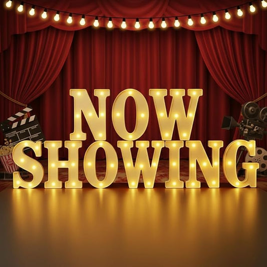 Honoson 10 Pcs Movie Night Party Decorations Now Showing Light up Sign LED Neon Sign Table Decor for Home Movie Room Film Room Camera Action Party Supplies