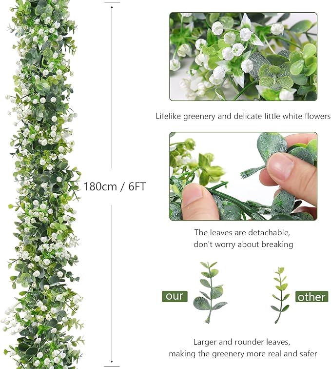 SOMYTING Faux Eucalyptus Garland 4 Pack Fake Vines Hanging Eucalyptus Babys Breath Greenery Garland Spring Garland for Mantle Table Wedding Backdrop Arch Party Wall Decor (4PCS)