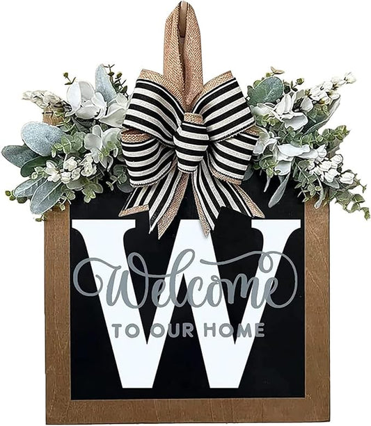 Last Name Year Round Front Door Wreath Front Porch Decoration 26 Letter Welcome Sign with Eucalyptus Garland and Bow Spring Wreaths for Front Door Outside Hanger Garland（W）