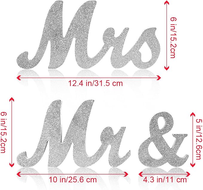 Vintage Style Silver Glitter Mr and Mrs Signs for Wedding Sweetheart Table, Wooden Freestanding Letters, Photo Props, Rustic Decoration, Anniversary Shower