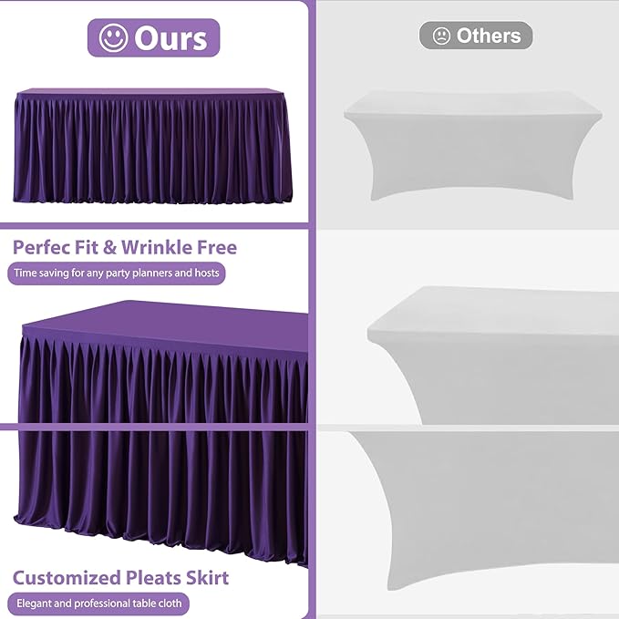 Wish Care 4 Pack Purple Rectangle Table Clothes for 8 Foot Tables, Polyester Fitted Tablecloths 8ft Stretch Table Cover for Wedding, Birthday, Parties, Trade Show, Craft Show