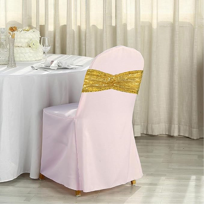 SquarePie Sequin Chair Sashes 30 Pack - Gold Decorative Sashes Bands for Wedding Party Decoration, Seuqin Fabric Bow for Banquet Reception Chairs