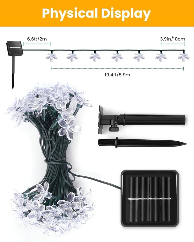 Brightown 60 LED Flower Solar String Lights Outdoor Waterproof, Fairy Lights for Garden Yard Fence Patio Christmas Tree Wedding Party Decor, White, 2 Pack