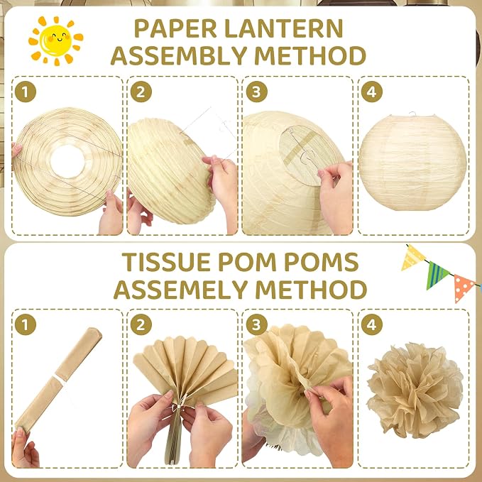 18pcs Champagne-Gold Paper Lanterns Decoration Gold White Hanging Décor Pom Poms Paper Flower Party Supply for Baby Shower Wedding Valentine Birthday Party