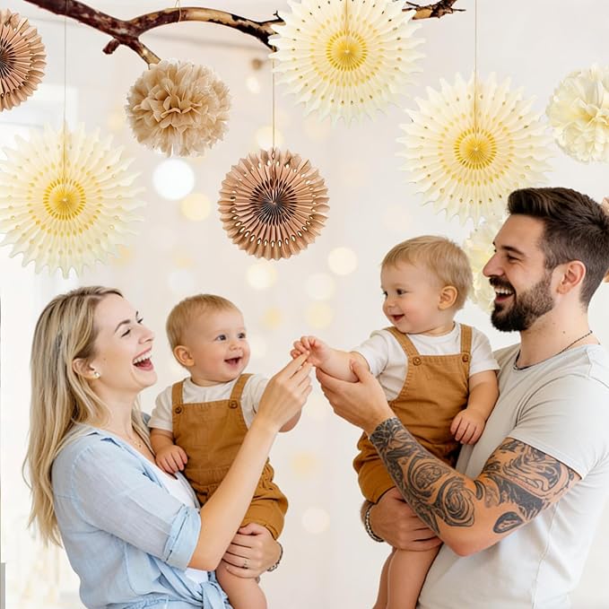 SUNBEAUTY Brown Party Decorations Boho Wedding Party Decor Brown Beige Tissue Pom Poms Paper Fans Hanging Neutral Women Birthday Party Decorations Bridal Shower Baby Shower Rustic Engagement Decor