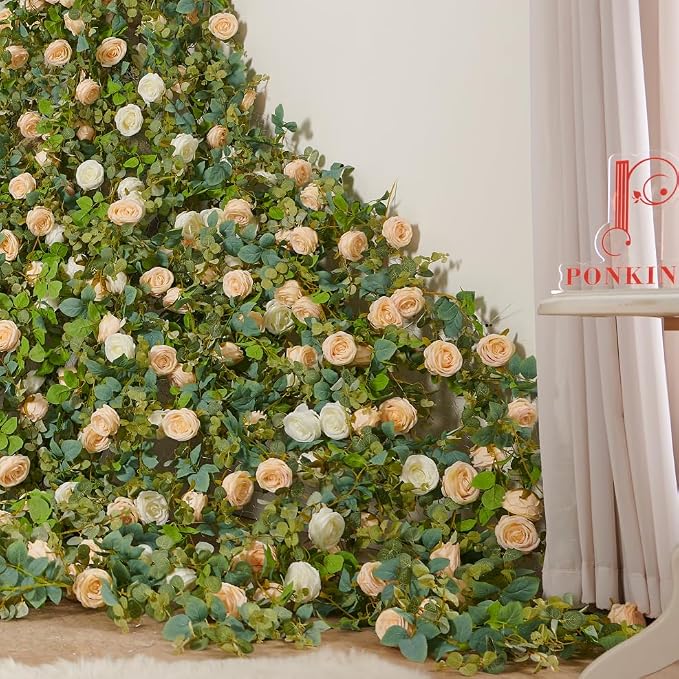 PONKING Flower Garland Artificial Rose Vine Flowers Hanging Fake Roses Vines for Wedding Birthday Party Valentines Christmas Room Wall Arch Decor, 2 Champagne Floral Garland, High Realistic