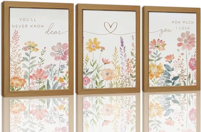 Watercolor Wildflower Wall Art Set of 3, Boho Botanical Flowers Canvas Prints Wall Decor, with Heart Line and romantic song lyrics for couple Gifts and Bedroom Office Home Decor 12x16 In Wood Framed