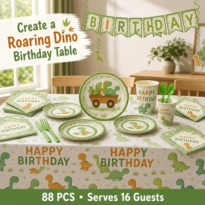 Dinosaur Birthday Decorations Party Supplies Kit, 88 PCS Dino Party Decorations Tableware Set Serves 16 with Plates Cups Napkins Cutlery Tablecloth Banner Hanging Swirls for Prehistoric Theme