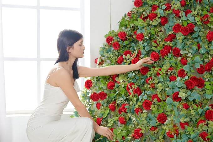 PONKING Flower Garland Artificial Rose Vine Flowers Hanging Fake Roses Vines for Wedding Birthday Party Valentines Christmas Room Wall Arch Decor, 2 Red Floral Garland Decorations, High Realistic