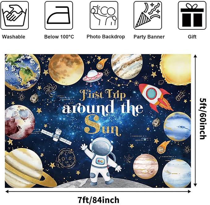 First Trip Around The Sun Baby Shower Backdrop for Kids Space Theme Birthday Party Decorations Astronaut Planets Rocket Galaxy Background Banner Photo Booth Props 7x5ft