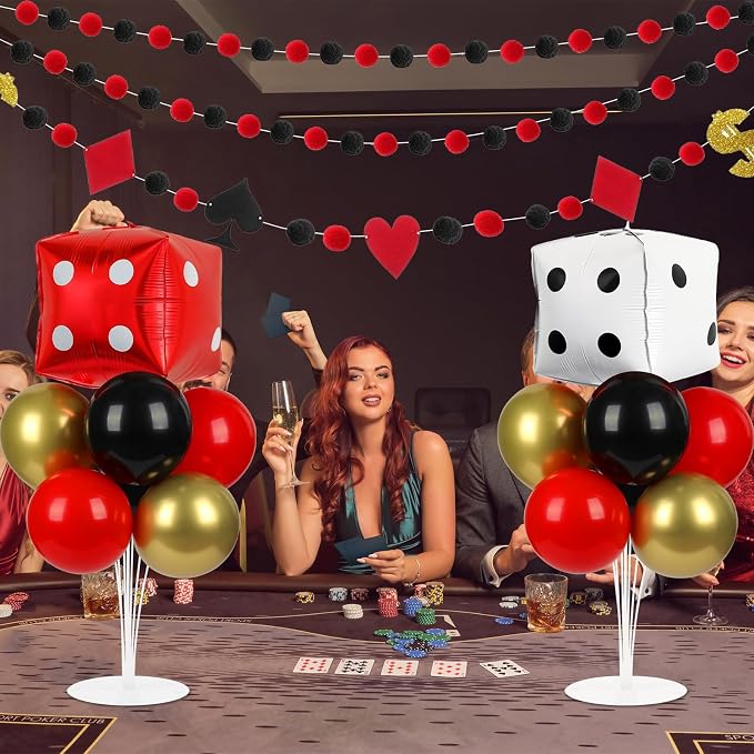 Naozinebi Casino Party Balloons Stand Kit 2 Sets with 2 Dice Foil Balloons Casino Night Theme Party Balloon Centerpiece for Tables for Poker Las Vegas Game Night Birthday Party Decorations