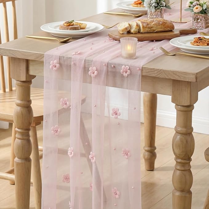 Artoid Mode Pink Flower Pearl Pink Gauze Table Runner 10FT 3PC, Seasonal Sheer Dining Holiday Wedding Birthday Baby Shower Table Decor for Home Party