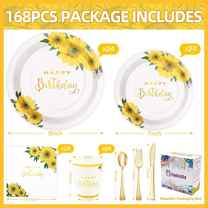 168Pcs Sunflower Birthday Decorations for Women Girls, Happy Birthday Plates and Napkins for Women, Sunflower Plates Serve 24, Yellow Party, Spring Summer Fall Easter Mothers Day