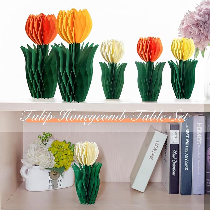SUNBEAUTY 8PCS Flower Honeycomb Decoration Spring Decorations for Office Spring Table Decor Tulip Honeycomb Flower Mother's Day Decoration Orange Tulip Decor Spring Decor Tulips Table Centerpieces