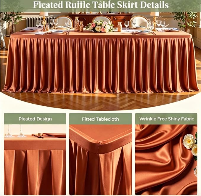 6 Packs Terracotta Satin Tablecloths Rectangle 6FT, Glitter Spandex Fitted Stretch Table Covers Wrinkle-Free Floor Length Shimmer Table Skirt for Weddings Parties Baby Shower Banquets Vendor Events