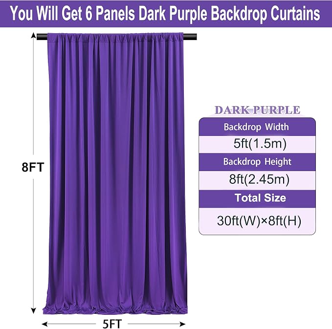 30×8ft Wrinkle Free Dark Purple Backdrop Curtain for Mermaid Birthday Party, 6 Panels 5ft×8ft Soft Silky Polyester Purple Photo Backdrop Drapes for Baby Shower Wedding Engagement Photography