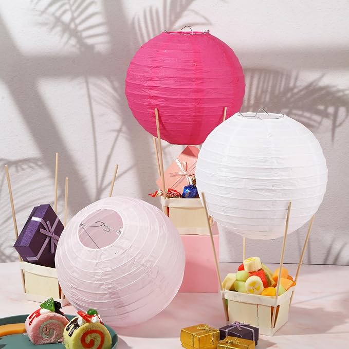 Namalu 24 Set Hot Air Balloon Table Centerpieces Baby Shower Party Decoration Paper Lanterns with Wooden Basket Sticks for Summer Birthday School DIY Craft(Hot Pink)