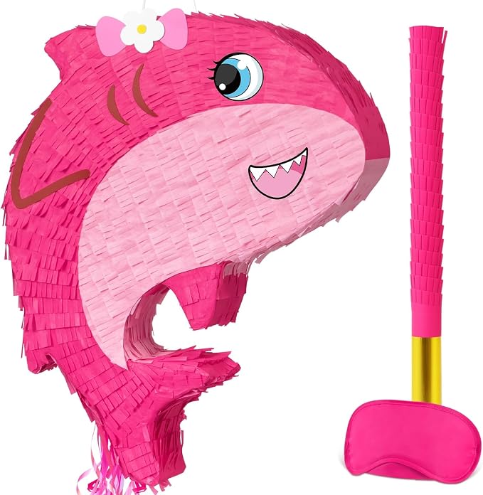 WERNNSAI Pink Shark Piñata - Girl Shark Party Piñata Game Ocean Birthday Decor Baby Shower Party Favors Under the Sea Classroom Decor Home Family Fun with Blindfold Bat