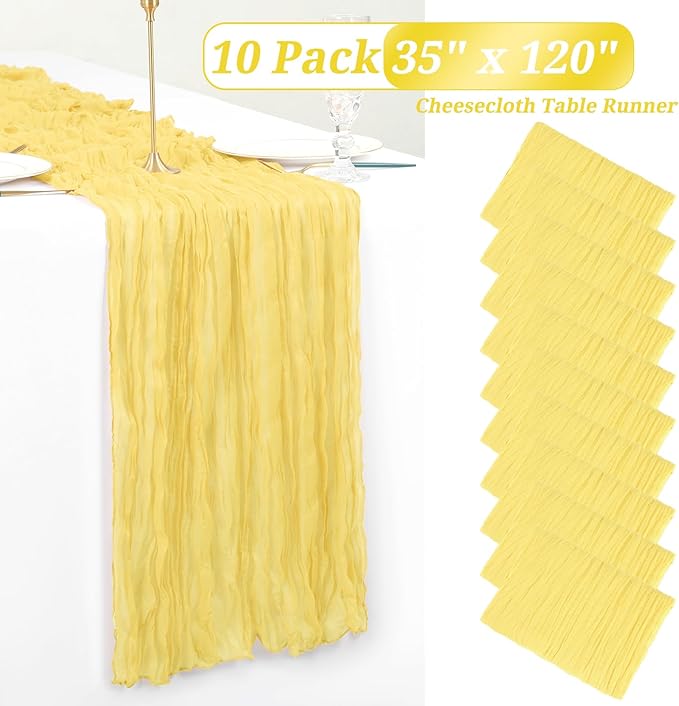 Showgeous 10 Pack Light Yellow Cheesecloth Table Runner, 10FT Long Semi-Sheer Boho or Rustic Gauze Table Runner Wedding Table Decor for Wedding Decor Arch Draping Bridal Shower Holiday Party
