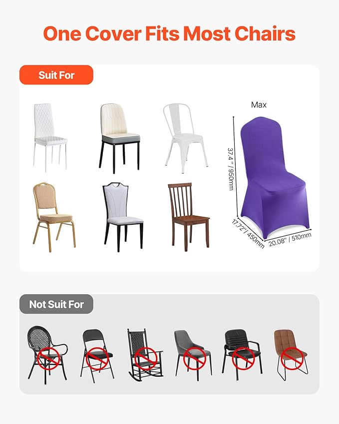 VEVOR Chair Covers, Polyester Spandex Chair Cover, Stretch Slipcovers for Wedding Party Dining Banquet Flat-Front Chair Covers (Purple-a, 50PCS)