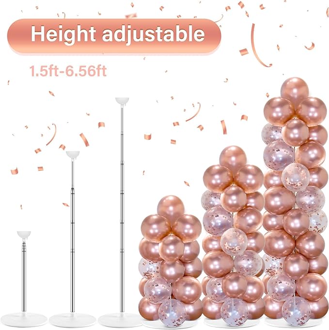 2 Sets Rose Gold Balloon Column Stand Kit with 100 Balloons Graduation Adjustable Tower Stand with Bases Floor Rose Gold Confetti Balloon Column Bridal Shower Bachelorette Birthday Wedding Party Decor