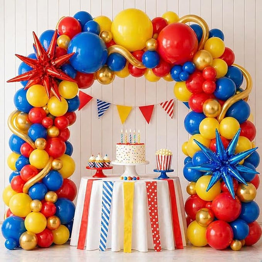 126Pcs Red Blue Yellow Balloon Arch Kit, Cartoon Hedgehog Theme Primary Color Balloon with Gold Circle Explosion Star Foil Balloon Garland Set for Boys Kids Carnival Circus Birthday Party Decorations