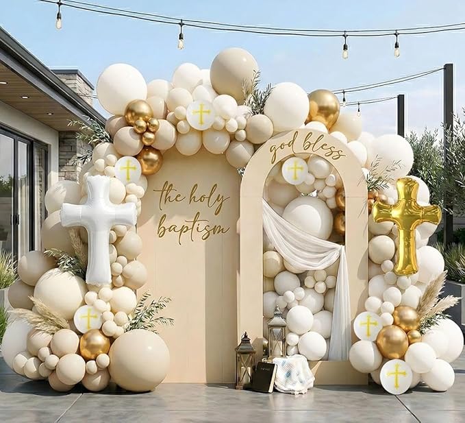 Neutral Baptism Balloon Decoration Kit with 2 Cross Foil Balloons, Double Stuffed Sand White Ivory Gold Balloon Arch Garland for First Holy Communion, Christening, God Bless Party Supplies