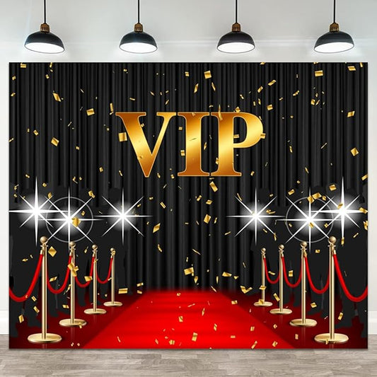 10x5ft VIP Backdrop Red Carpet Event Photography Background Black Curtain Star Catwalks Stage Film Movie Music Night Gold Banner Decorations Celebrity Activity Portrait Photo Booth Prop