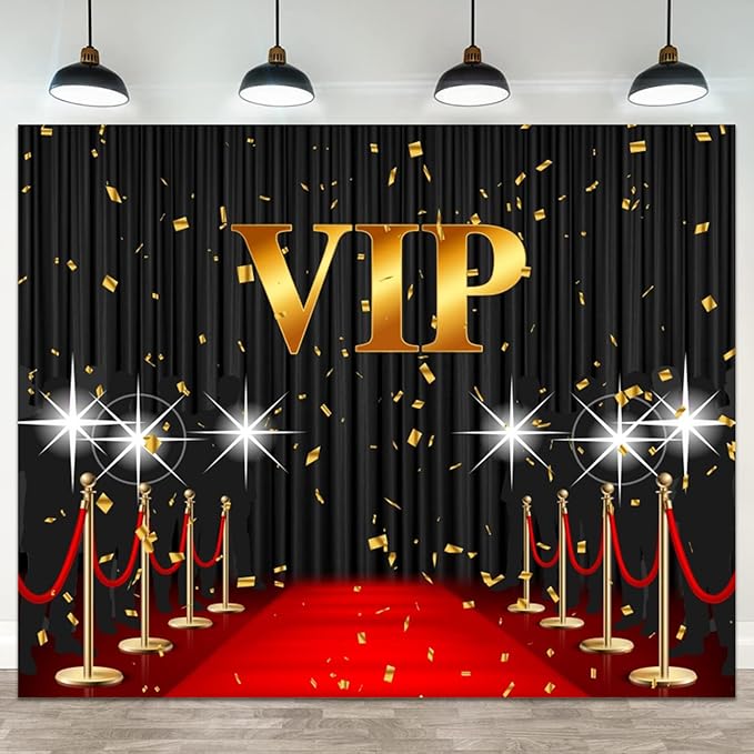 15x8ft VIP Backdrop Red Carpet Event Photography Background Black Curtain Star Catwalks Stage Film Movie Music Night Gold Banner Decorations Celebrity Activity Portrait Photo Booth Prop