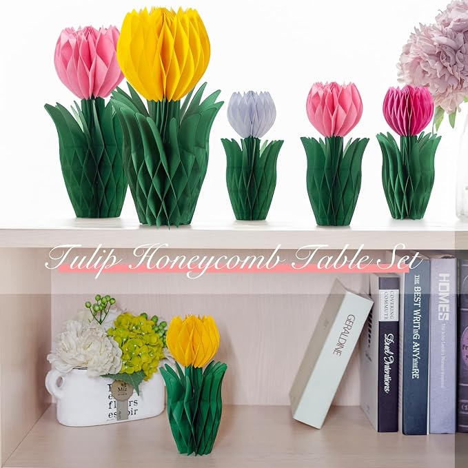 SUNBEAUTY 8 PCS Flower Honeycomb Decor Tulips Table Centerpieces Spring Decoration for Home Office Paper Flower Tulip Honeycomb Decor for Garden Party, Mother's Day Decoration