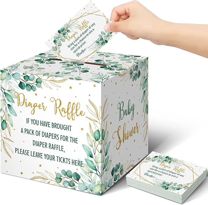 Teling 51 Pieces Diaper Raffle Tickets with Card Box Baby Shower Decorations Baby Shower Holder Box for Girl Boy Diaper Raffle Party(Green Leaf Style)