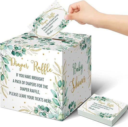 Teling 51 Pieces Diaper Raffle Tickets with Card Box Baby Shower Decorations Baby Shower Holder Box for Girl Boy Diaper Raffle Party(Green Leaf Style)