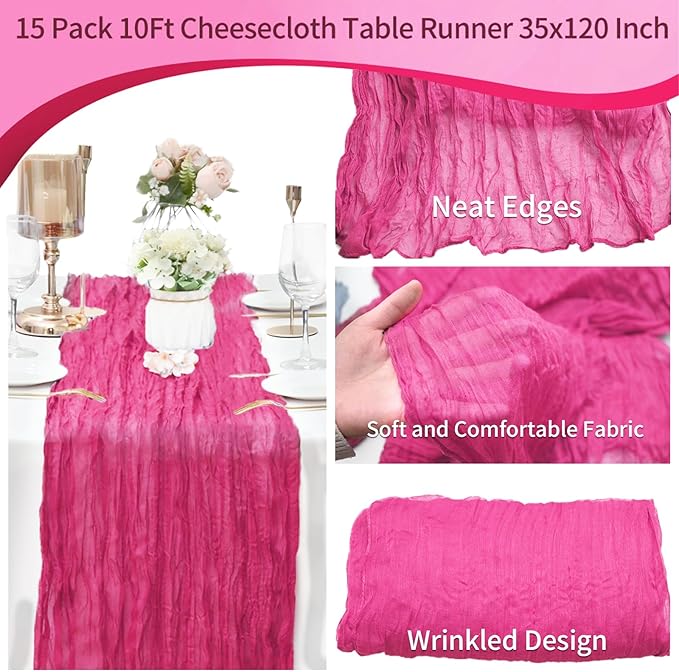 15 Pack Cheesecloth Table Runner 10Ft Gauze Cheese Cloth Table Runner 35 x120 Inch Boho Table Runners Holiday Table Cloth for Wedding Birthday Party Baby Bridal Shower Reception Table Décor(Hot Pink)