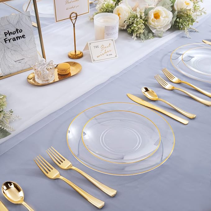 Nervure 125PCS Clear Gold Plastic Plates - Clear Plastic Plates with Gold Rim Include 25 Dinner Plate, 25 Dessert Plate, 25 Forks, 25 Knives, 25 Spoons for Wedding & Party & Thanksgiving