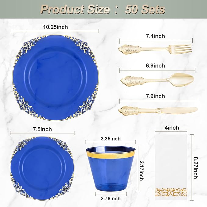 Bestluck 350PCS Clear Blue Plastic Plates for 50 Guests, Disposable Plates with Gold Trim include 50 Dinner and Dessert Plates, 150 Gold Silverware, 50 Cups, 50 Napkins for Party, Wedding & Graduation