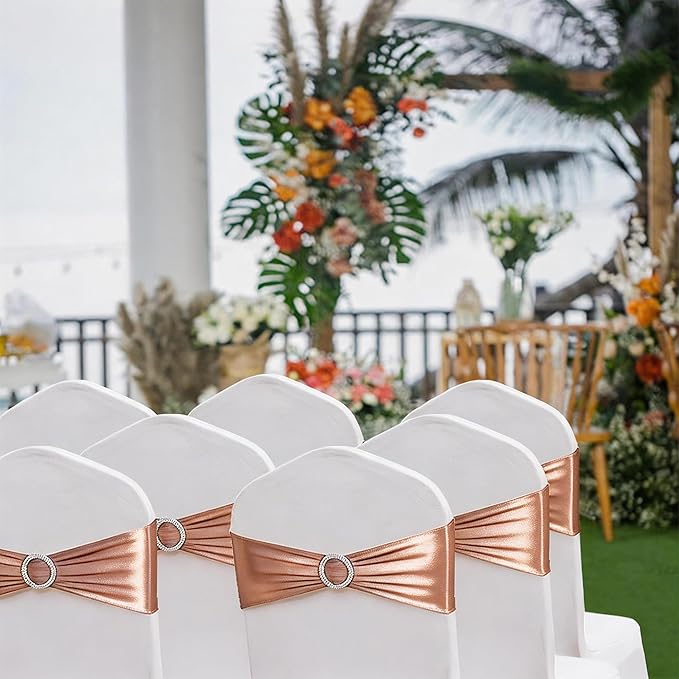Spandex Rose Gold Chair Sashes 100 Pack Wedding Chair Bands with Buckles Pink Gold Chairs Bows for Party Birthday Bridal Shower Engagement Anniversary Outdoor Event Decorations