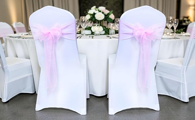 MDS® Pack of 75 Organza Chair Sashes for Wedding Decoration, Reusable Sheer Chair Bows for Banquet Chair Cover, Reception, Bridal Shower, Baby Shower, Birthday Party & Special Events - Pink