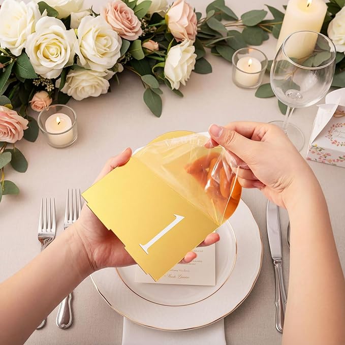 AceOrbit Gold Wedding Table Numbers 1-20 with Stands 5" x 7" Gold Acrylic Wedding Signs with Holder Mirrored Arch Numbered Signage Double Sided Tabletop Reception Sign for Anniversary, Event Decor