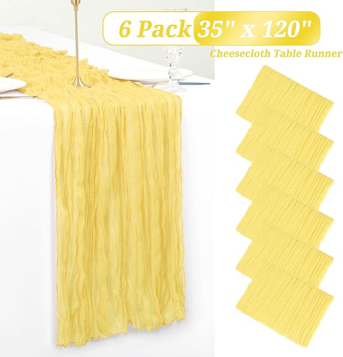 6 Pack Light Yellow Cheesecloth Table Runner Gauze - 10FT Long Semi-Sheer Boho or Rustic Wedding Table Decor for Wedding Decor Arch Draping Bridal Shower Holiday Party