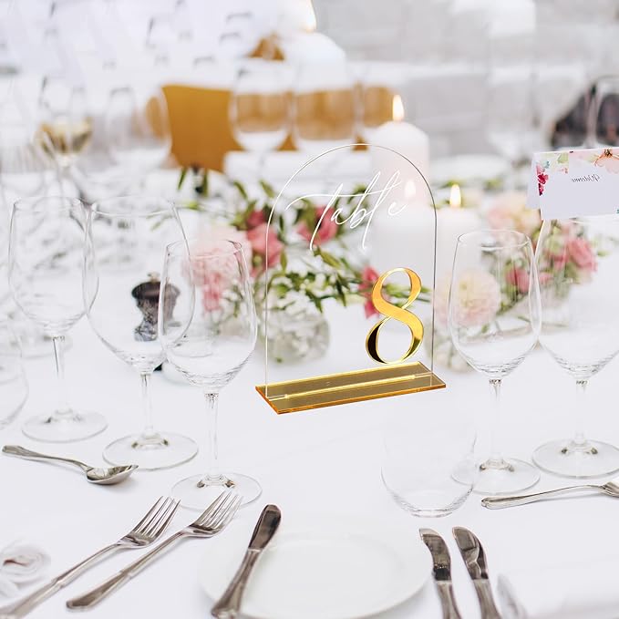 HOODO Clear Arch Wedding table numbers 1-10 with Stands, 5"x7" Arched Acrylic Signs with Gold Mirror Numbers, Clear and Gold Acrylic Table Numbers for Wedding Reception, Party, Anniversary, Event