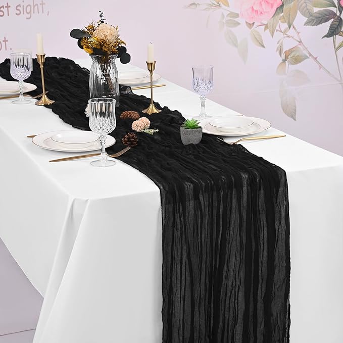 16 Pack Black Cheesecloth Table Runner 120 Inch 10FT Spring Boho Rustic Sheer Gauze Cheese Cloth Table Runner for Wedding Baby Shower Birthday Party Table Decor