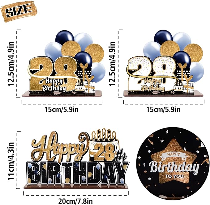 LINGTEER Happy 28th Birthday Gold Acrylic Table Topper Centerpieces Set - Cheers to 28 Years Old Birthday 28th Bday Party Gift Decorations.