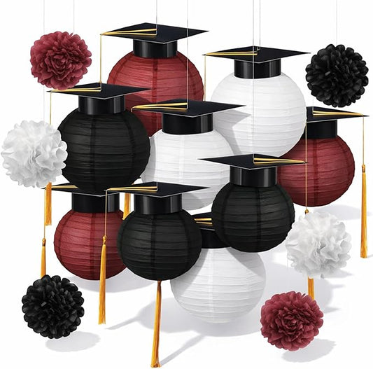 Gilprop 15 Pcs Black and Wine Red Graduation Decoration 2026 Paper Lanterns Graduation Party Decorations Hanging Round Paper Lanterns with Black Grad Hat Tassel for Congratulation Grad Decorations