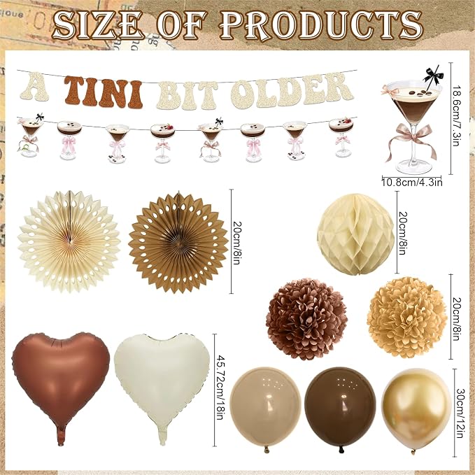 a Tini Bit Older Birthday Decorations - 30PCS Brown a Tini Bit Older Party Banners Balloons Paper Fans Pompoms Honeycomb Centerpieces, Martini Espresso Birthday Decor Supplies for Women