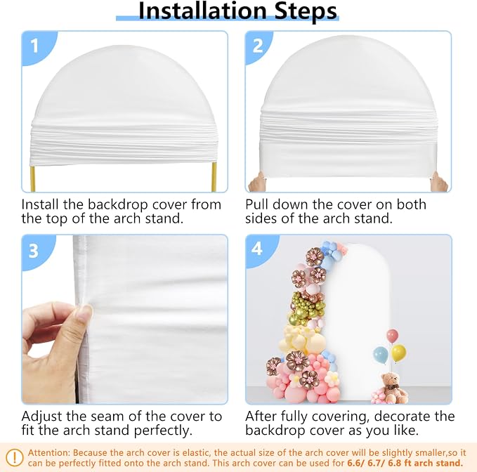Hemmotop White Arch Cover Set of 3-6ft/ 5ft/ 4ft Arch Covers Stretchy Backdrop, 3-Piece Spandex Arched Stand Background Covers for Baby Shower Birthday Party