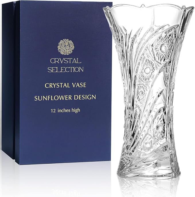 CS Crystal Vase 12-inch high, Sunflower Design, for Flowers & Decor. Lovely Nice Shiny Piece. Perfect as a Gift, Suitable for All Occasions.