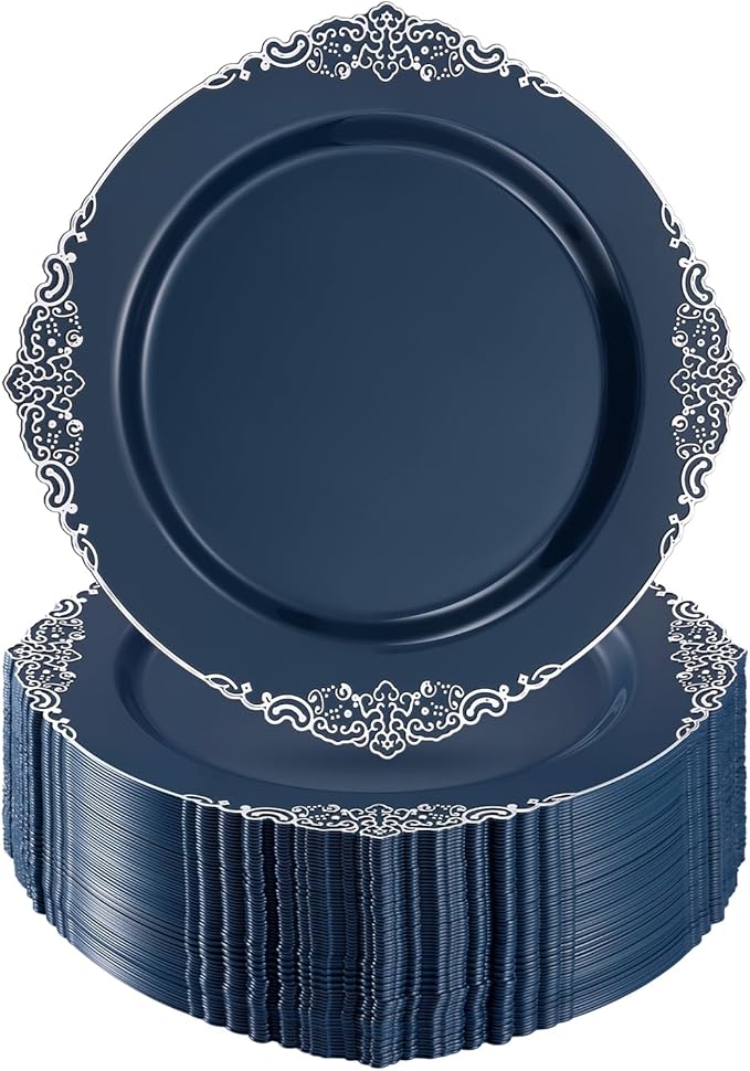 Goodluck 100PCS Navy Blue Plastic Plates with vintage silver trim – 10.25” Heavy Duty Disposable Dinner Plates & Party Plates for Weddings, Parties, Events – Elegant, Sturdy